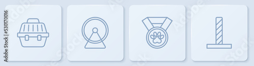 Set line Pet carry case, award symbol, Hamster wheel and Cat scratching post with toy. White square button. Vector