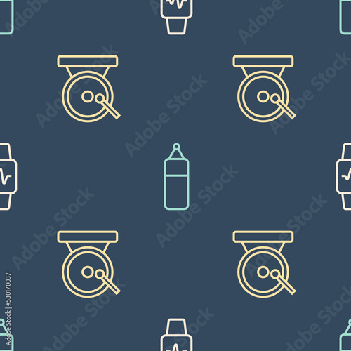 Set line Smart watch with heart, Boxing gong and Punching bag on seamless pattern. Vector