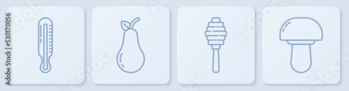 Set line Meteorology thermometer, Honey dipper stick, Pear and Mushroom. White square button. Vector