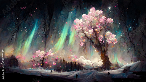 Foto Giant and beautiful cherry tree in snow landscape and colorful aurora borealis in night sky