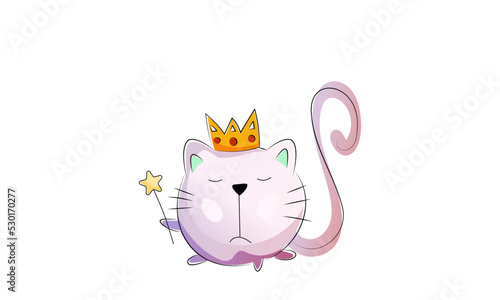 Vector abstract round cat with a crown on his head. An arrogant, arrogant cat holds a magic wand with a star in its paw. Closed eyes of a cat.
