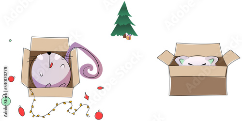Vector abstract round cat. Prankster cat is hiding in a box. Looks out of the box. The cat is in the box. I threw the garland and Christmas decorations out of the box.