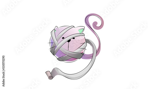 Vector abstract round cat. Frightened cat entangled in paper. Cat wrapped in toilet paper. The cat cannot move, immobilized.