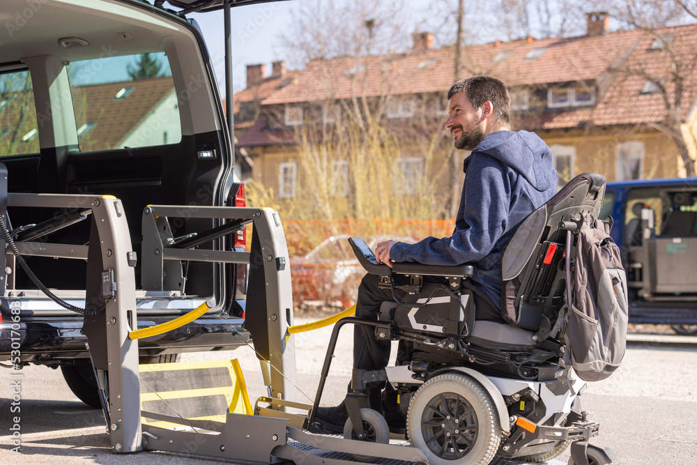 Accessible car with wheelchair lift ramp for person with disability. Accessible car with wheelchair lift ramp for person with disability.