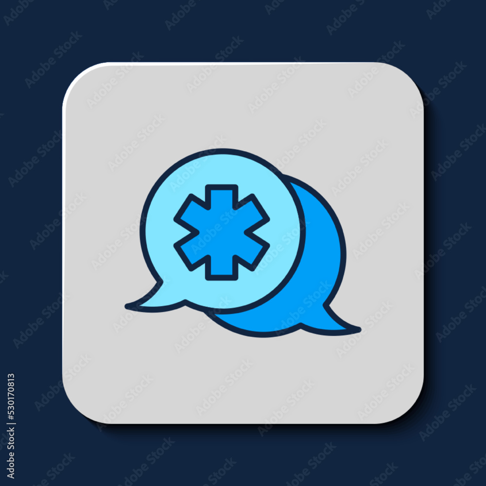Fototapeta premium Filled outline Dialogue with the doctor icon isolated on blue background. Doctor and patient dialog. Consulting about medical health services. Vector