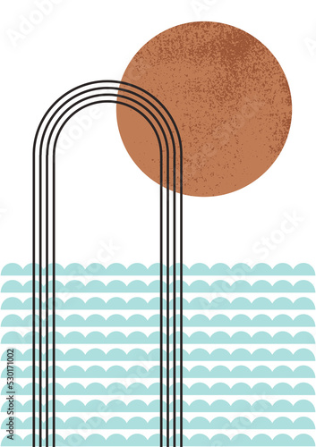 Abstract transparent illustration, retro grunge summer sun, sea waves and line rainbow design