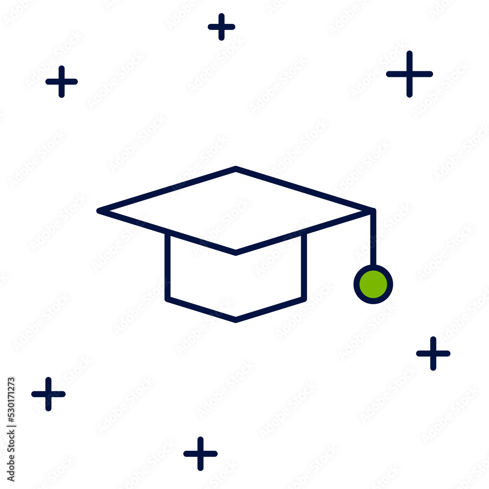 Filled outline Graduation cap icon isolated on white background. Graduation hat with tassel icon. Vector