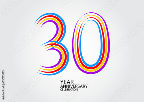 30 years anniversary celebration logotype colorful line vector, 30th birthday logo, 30 number design, Banner template, logo number elements for invitation card, poster, t-shirt.