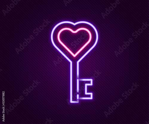 Glowing neon line Key in heart shape icon isolated on black background. Valentines day symbol. Colorful outline concept. Vector