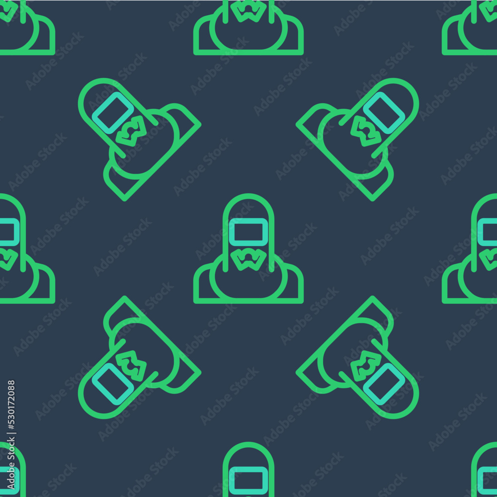 Line Nuclear power plant worker wearing protective clothing icon isolated seamless pattern on blue background. Nuclear reactor worker. Vector Line Nuclear power plant worker wearing protective clothing icon isolated seamless pattern on blue background. Nuclear reactor worker. Vector