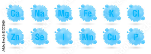 Minerals. Macrominerals and microminerals set, collection. Ca, Na, Mg, Fe, Cl, K, Zn, Se, I, Mn, Cu, P. Nutrition illustration. Dietary elements. Minerals for life. Vector