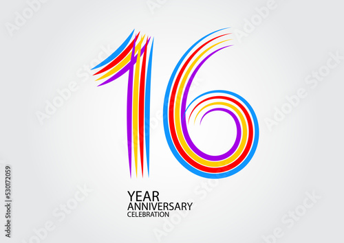 16 years anniversary celebration logotype colorful line vector, 16th birthday logo, 16 number design, Banner template, logo number elements for invitation card, poster, t-shirt.
