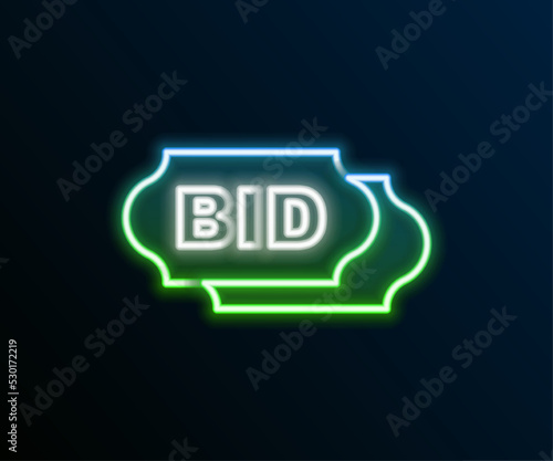 Glowing neon line Bid icon isolated on black background. Auction bidding. Sale and buyers. Colorful outline concept. Vector