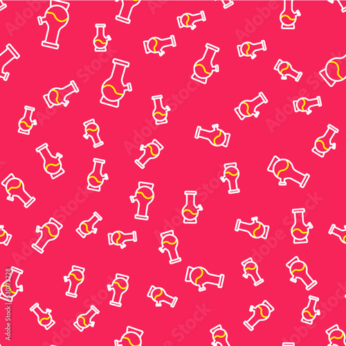 Line Glass bong for smoking marijuana or cannabis icon isolated seamless pattern on red background. Vector