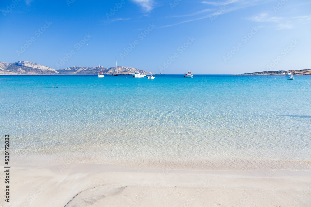 Dreamy sandy beach of crystal clear turquoise waters in Koufonisi island, Cyclades islands, Greece, Europe. 