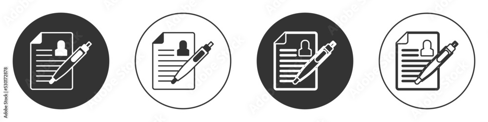 Black Resume icon isolated on white background. CV application. Searching professional staff. Analyzing personnel resume. Circle button. Vector Black Resume icon isolated on white background. CV application. Searching professional staff. Analyzing personnel resume. Circle button. Vector