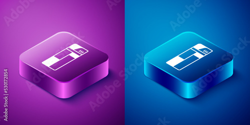 Isometric Lighter icon isolated on blue and purple background. Square button. Vector