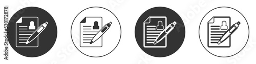 Black Resume icon isolated on white background. CV application. Searching professional staff. Analyzing personnel resume. Circle button. Vector