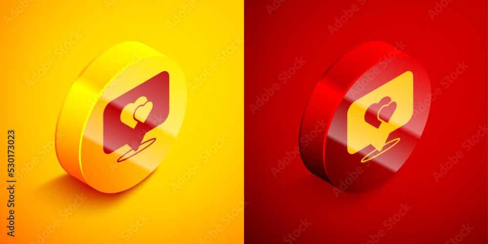 Fototapeta premium Isometric Map pointer with heart icon isolated on orange and red background. Valentines day. Love location. Romantic map pin. Circle button. Vector