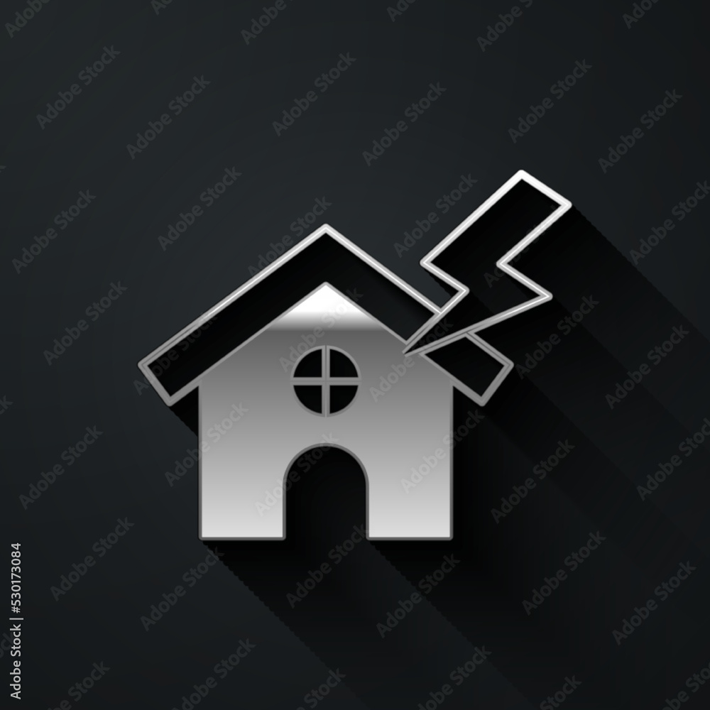 Silver House and lightning icon isolated on black background. House with thunderbolt for house or property insurance symbol. Long shadow style. Vector Silver House and lightning icon isolated on black background. House with thunderbolt for house or property insurance symbol. Long shadow style. Vector