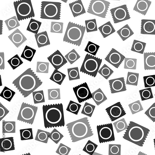 Black Condom in package icon isolated seamless pattern on white background. Safe love symbol. Contraceptive method for male. Vector