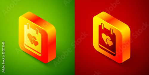 Fototapeta Naklejka Na Ścianę i Meble -  Isometric Calendar with heart icon isolated on green and red background. Valentines day. Love symbol. February 14. Square button. Vector
