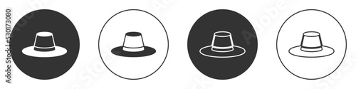 Black Man hat with ribbon icon isolated on white background. Circle button. Vector