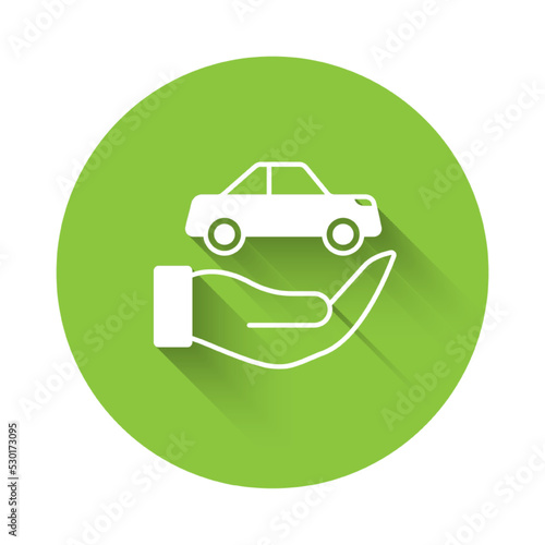 White Car insurance icon isolated with long shadow background. Insurance concept. Security, safety, protection, protect concept. Green circle button. Vector