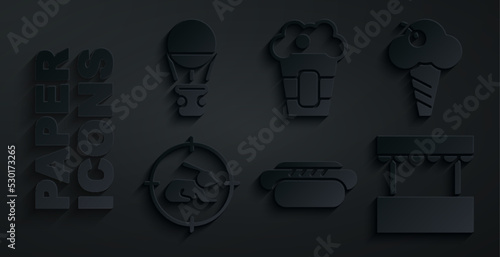 Set Hotdog, Ice cream in waffle cone, Hunt rabbit with crosshairs, Ticket box office, Popcorn and balloon icon. Vector