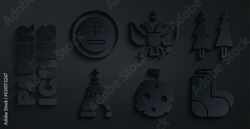 Set Moon with flag, Christmas tree, The Tsar bell, Valenki, National emblem of Russia and Rouble, ruble currency icon. Vector