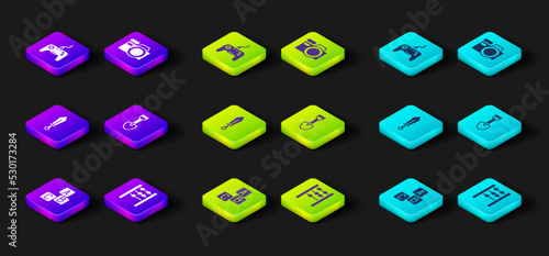 Set ABC blocks, Abacus, Sword toy, Shovel, Photo camera and Gamepad icon. Vector