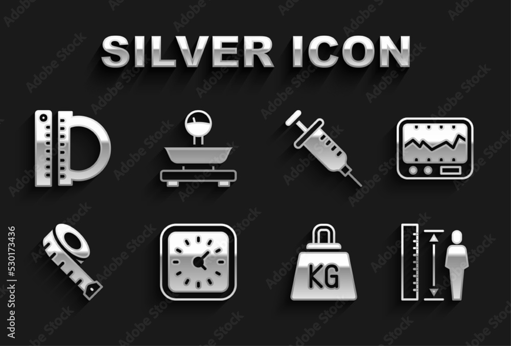 Set Clock, Measuring instrument, height body, Weight, tape, Syringe, Protractor and ruler and Scales icon. Vector Set Clock, Measuring instrument, height body, Weight, tape, Syringe, Protractor and ruler and Scales icon. Vector