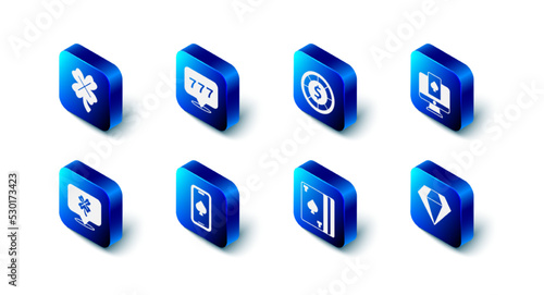 Set Slot machine with jackpot, Casino chips, Online poker table game, Diamond, Deck of playing cards, slot clover and icon. Vector