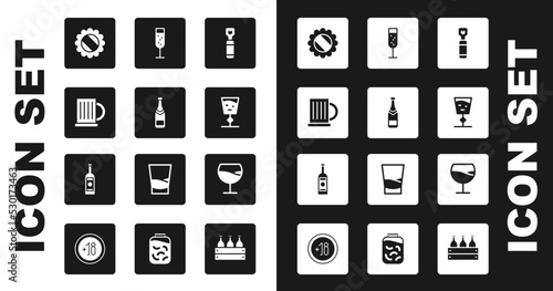 Set Bottle opener, Champagne bottle, Wooden beer mug, cap, Wine glass, Glass of champagne, and vodka icon. Vector