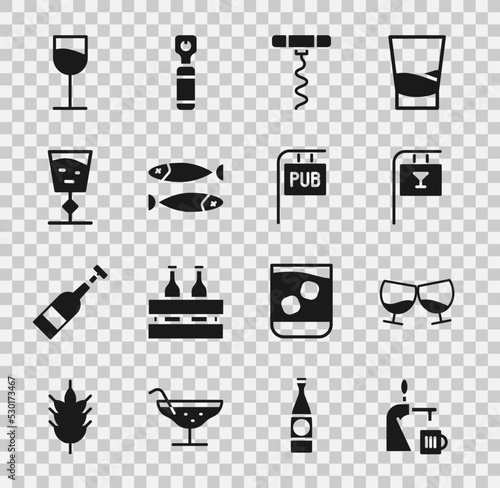 Set Beer tap with glass, Glass of cognac or brandy, Street signboard Bar, Wine corkscrew, Dried fish, and Pub icon. Vector