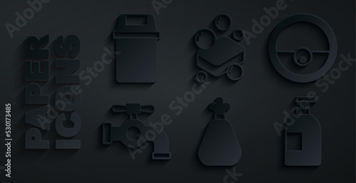 Set Garbage bag, Robot vacuum cleaner, Water tap, Dishwashing liquid bottle, Bar of soap and Trash can icon. Vector