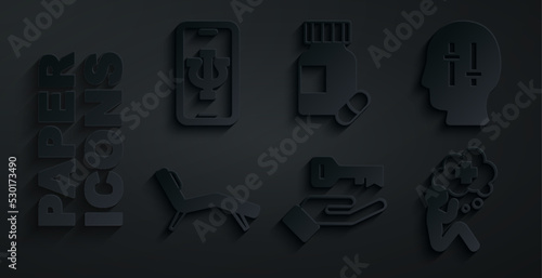 Set Solution to the problem, Armchair, Helping hand, Sedative pills and Psychologist online icon. Vector