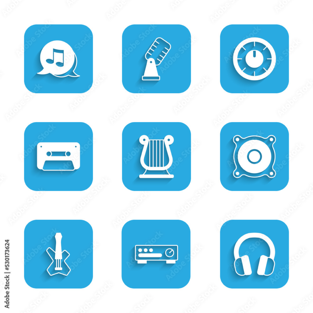 Set Ancient Greek lyre, Sound mixer controller, Headphones, Stereo speaker, Electric bass guitar, Retro audio cassette tape, and Music note, tone icon. Vector Set Ancient Greek lyre, Sound mixer controller, Headphones, Stereo speaker, Electric bass guitar, Retro audio cassette tape, and Music note, tone icon. Vector