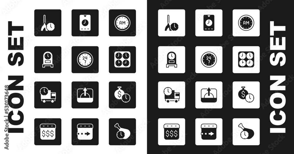 Set Morning time, Clock 24 hours, Antique clock, Cleaning, Time zone clocks, Alarm app mobile, is money and Delivery truck and icon. Vector Set Morning time, Clock 24 hours, Antique clock, Cleaning, Time zone clocks, Alarm app mobile, is money and Delivery truck and icon. Vector