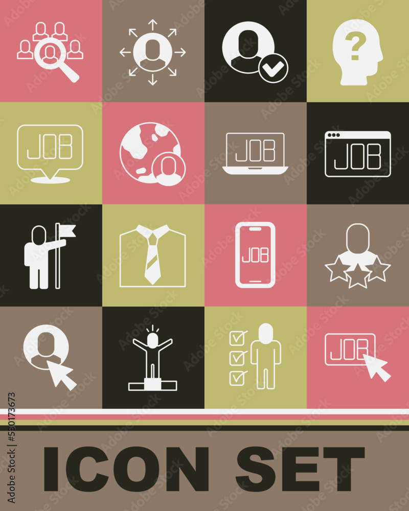 Set Search job, Productive human, Worker, Globe and people, Magnifying glass for search and icon. Vector Set Search job, Productive human, Worker, Globe and people, Magnifying glass for search and icon. Vector