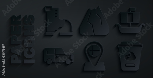 Set Location flag Iceland, Viking ship Drakkar, Car, Yogurt container, Mountains and Winter warm boot icon. Vector