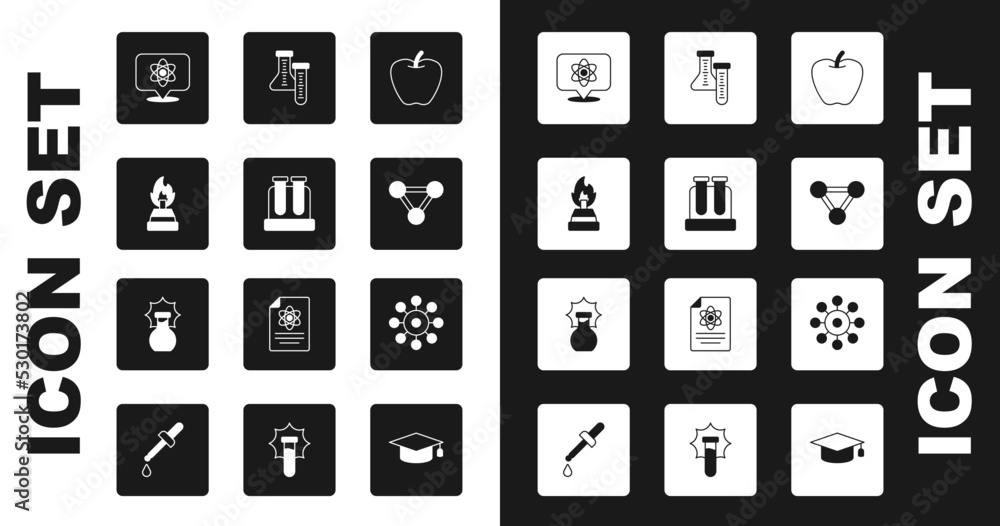Set Apple, Test tube, Alcohol or spirit burner, Atom, Molecule, Virus and Explosion in the flask icon. Vector Set Apple, Test tube, Alcohol or spirit burner, Atom, Molecule, Virus and Explosion in the flask icon. Vector