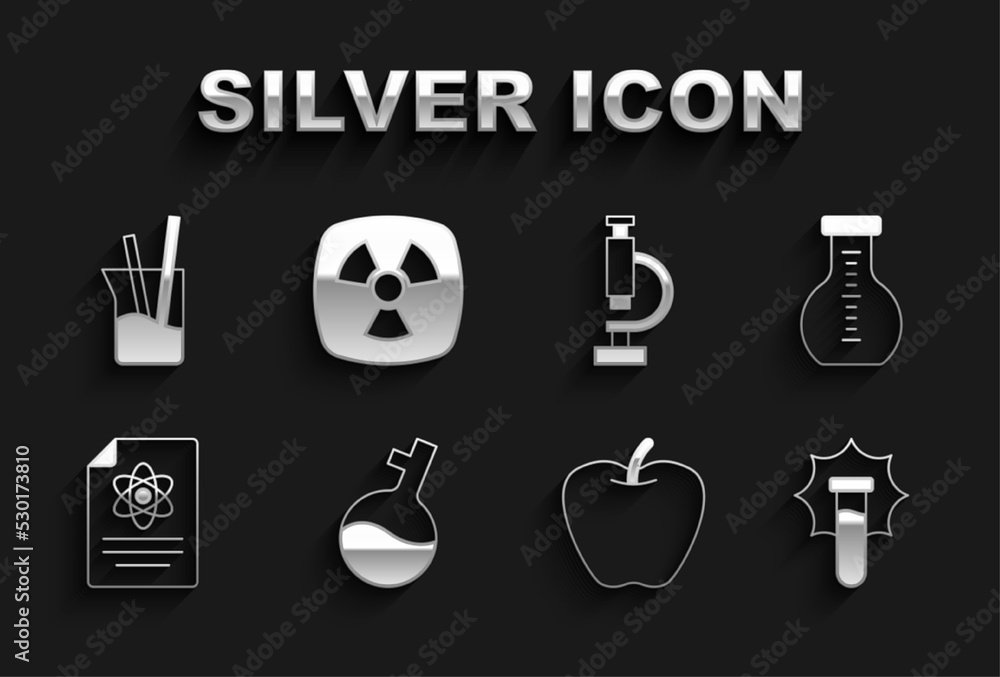 Set Test tube, Explosion in the flask, Apple, Chemistry report, Microscope, Laboratory glassware and Radioactive icon. Vector Set Test tube, Explosion in the flask, Apple, Chemistry report, Microscope, Laboratory glassware and Radioactive icon. Vector