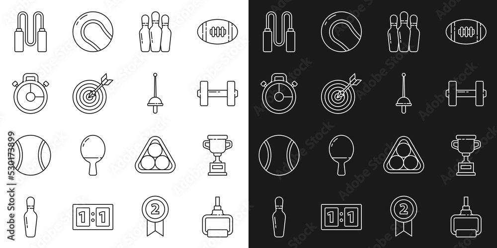 Set line TPX loop training equipment, Award cup, Dumbbell, Bowling pin, Target with arrow, Stopwatch, Jump rope and Fencing icon. Vector Set line TPX loop training equipment, Award cup, Dumbbell, Bowling pin, Target with arrow, Stopwatch, Jump rope and Fencing icon. Vector