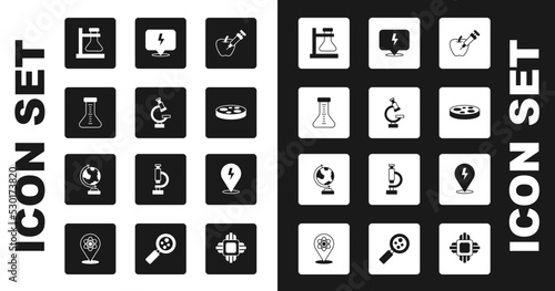 Set Genetically modified apple, Microscope, Test tube, flask on stand, Petri dish with bacteria, Lightning bolt, and Earth globe icon. Vector
