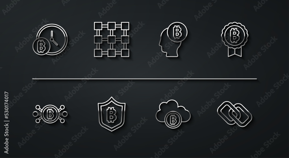 Set line Bitcoin with clock, circuit, Cryptocurrency cloud mining, Shield bitcoin, Blockchain technology, Chain link and think icon. Vector Set line Bitcoin with clock, circuit, Cryptocurrency cloud mining, Shield bitcoin, Blockchain technology, Chain link and think icon. Vector