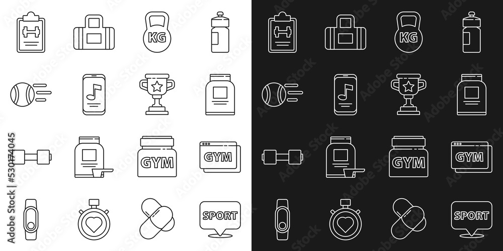 Set line Location gym, Online fitness and training, Sports nutrition, Kettlebell, Music player, Tennis ball, program and Award cup icon. Vector