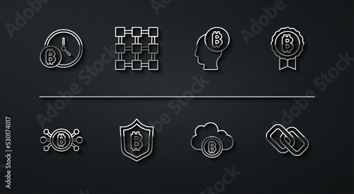 Set line Bitcoin with clock, circuit, Cryptocurrency cloud mining, Shield bitcoin, Blockchain technology, Chain link and think icon. Vector