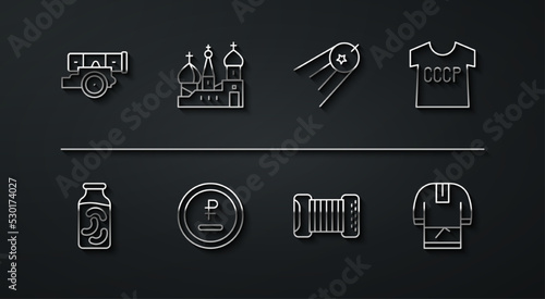 Set line Cannon, Pickled cucumbers in jar, USSR t-shirt, Accordion, Rouble, ruble currency, Saint Basil's Cathedral, Kosovorotka and Satellite icon. Vector