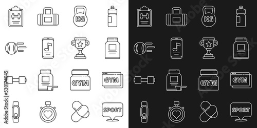 Set line Location gym, Online fitness and training, Sports nutrition, Kettlebell, Music player, Tennis ball, program and Award cup icon. Vector